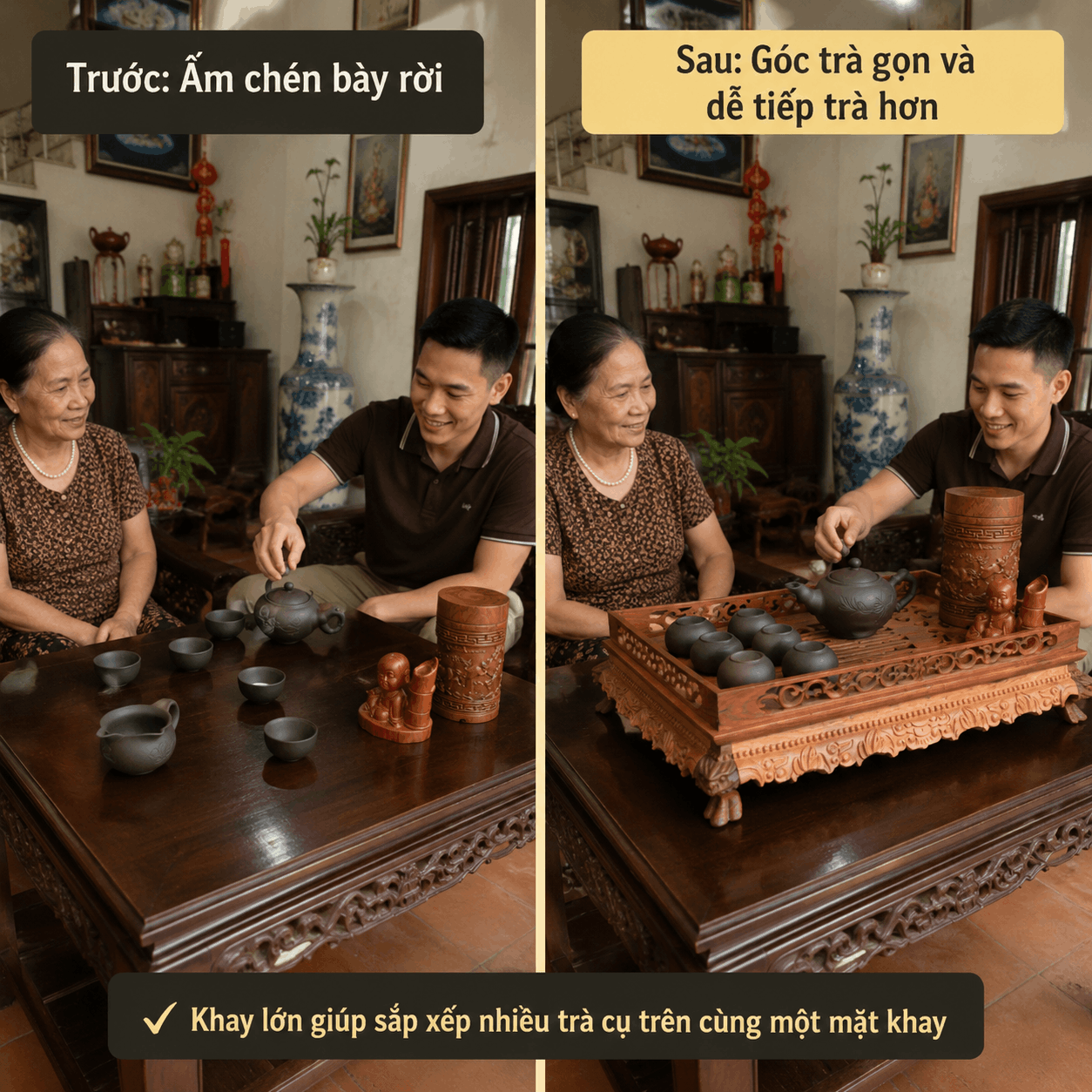 Khay trà gỗ Trắc Lưỡng Long cỡ lớn 46 × 34 cm