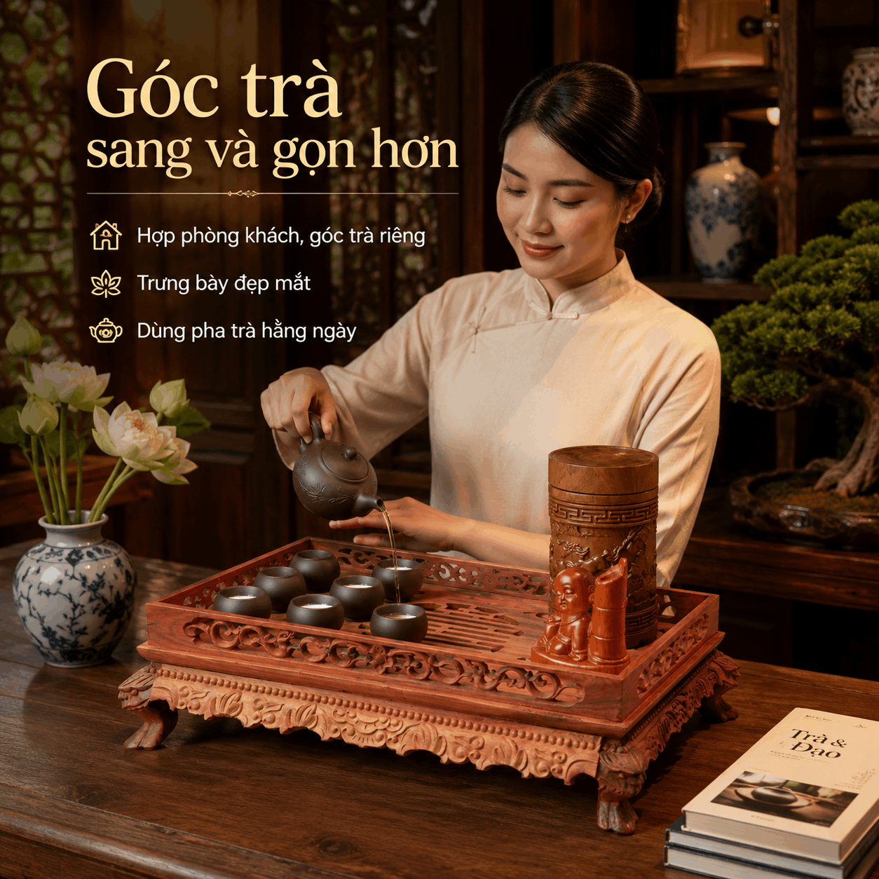 Khay trà gỗ Trắc Lưỡng Long cỡ lớn 46 × 34 cm