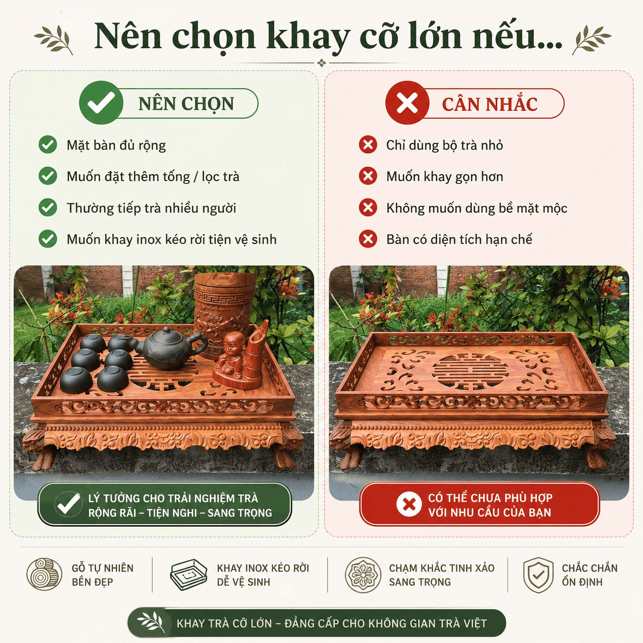 Khay trà gỗ Trắc Lưỡng Long cỡ lớn 46 × 34 cm