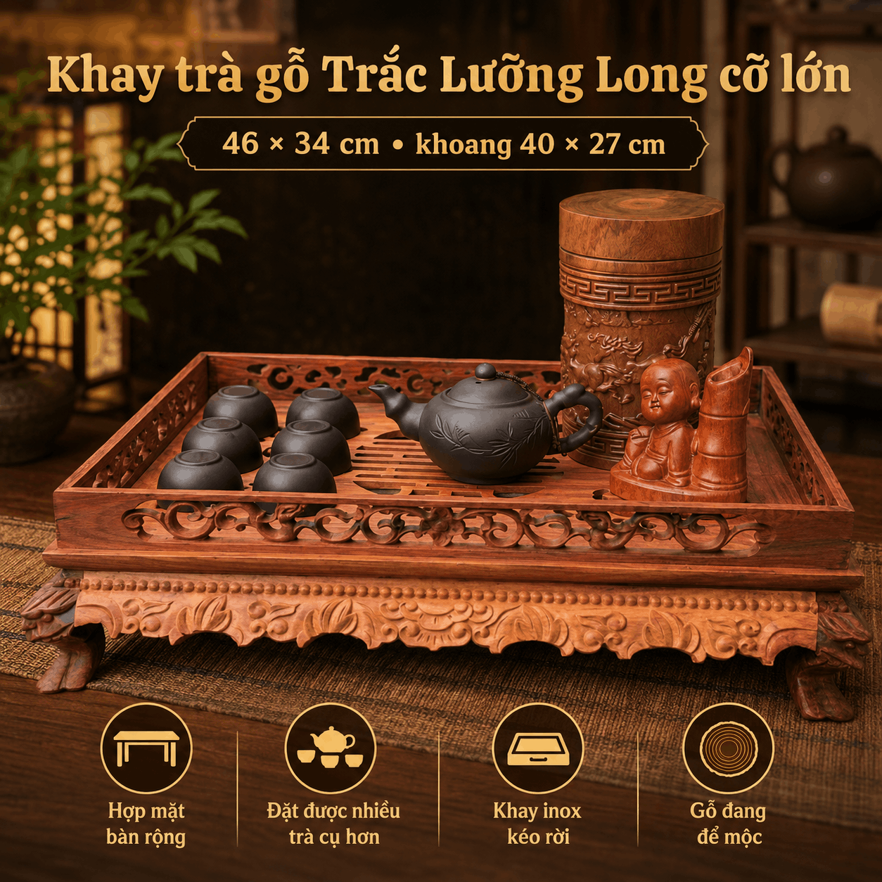 Khay trà gỗ Trắc Lưỡng Long cỡ lớn 46 × 34 cm