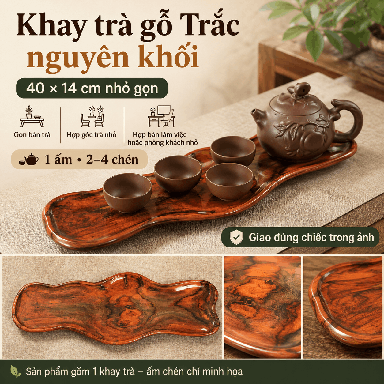 Khay trà gỗ Trắc nguyên khối 40 × 14 cm