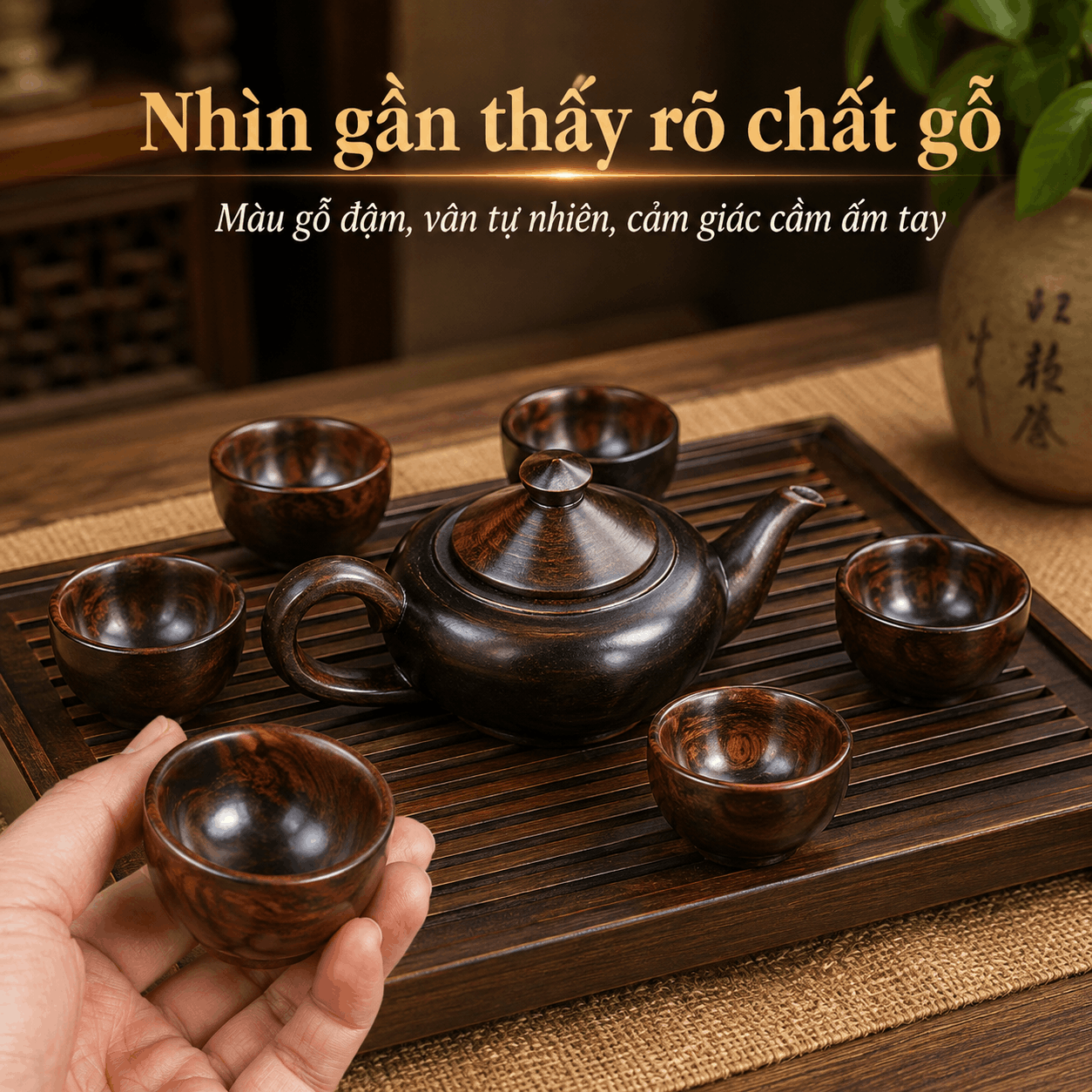 Bộ ấm chén gỗ Trắc – 1 ấm 6 chén