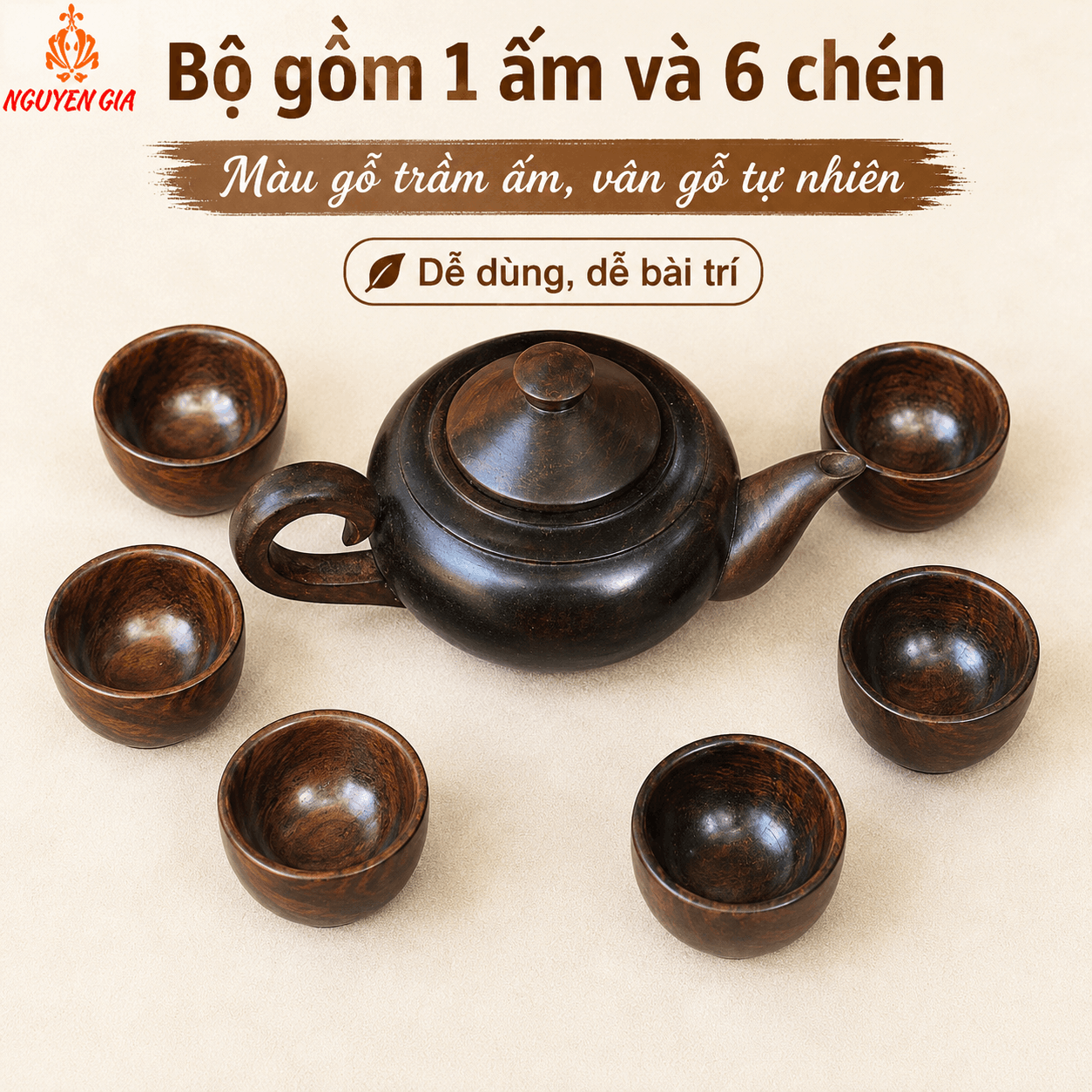 Bộ ấm chén gỗ Trắc – 1 ấm 6 chén