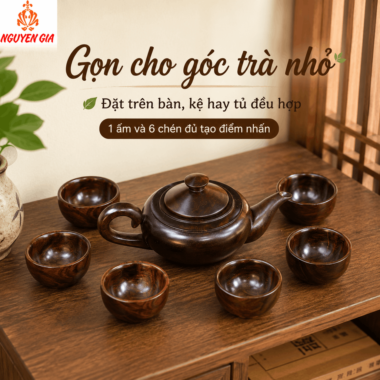 Bộ ấm chén gỗ Trắc – 1 ấm 6 chén