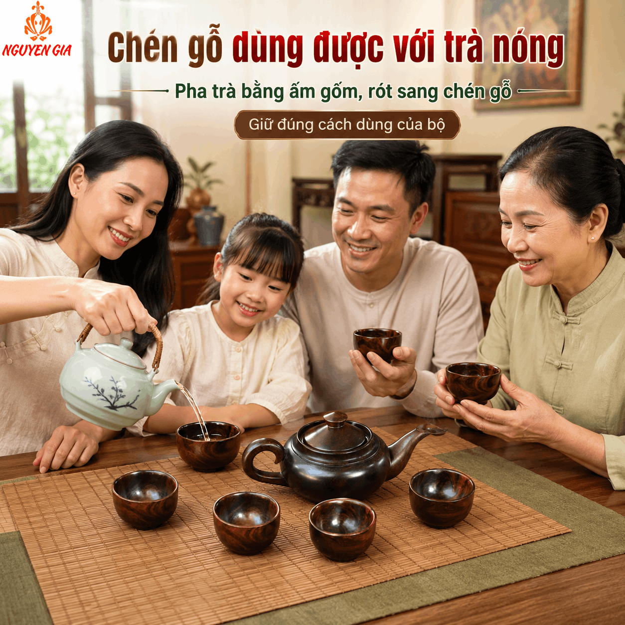 Bộ ấm chén gỗ Trắc – 1 ấm 6 chén