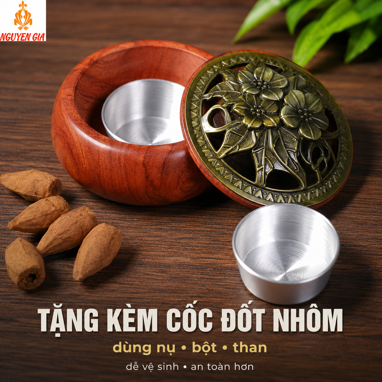 Lư Xông Trầm Gỗ Hương – Lư Đốt Trầm Mẫu Hoa Mai Kèm Cốc Nhôm