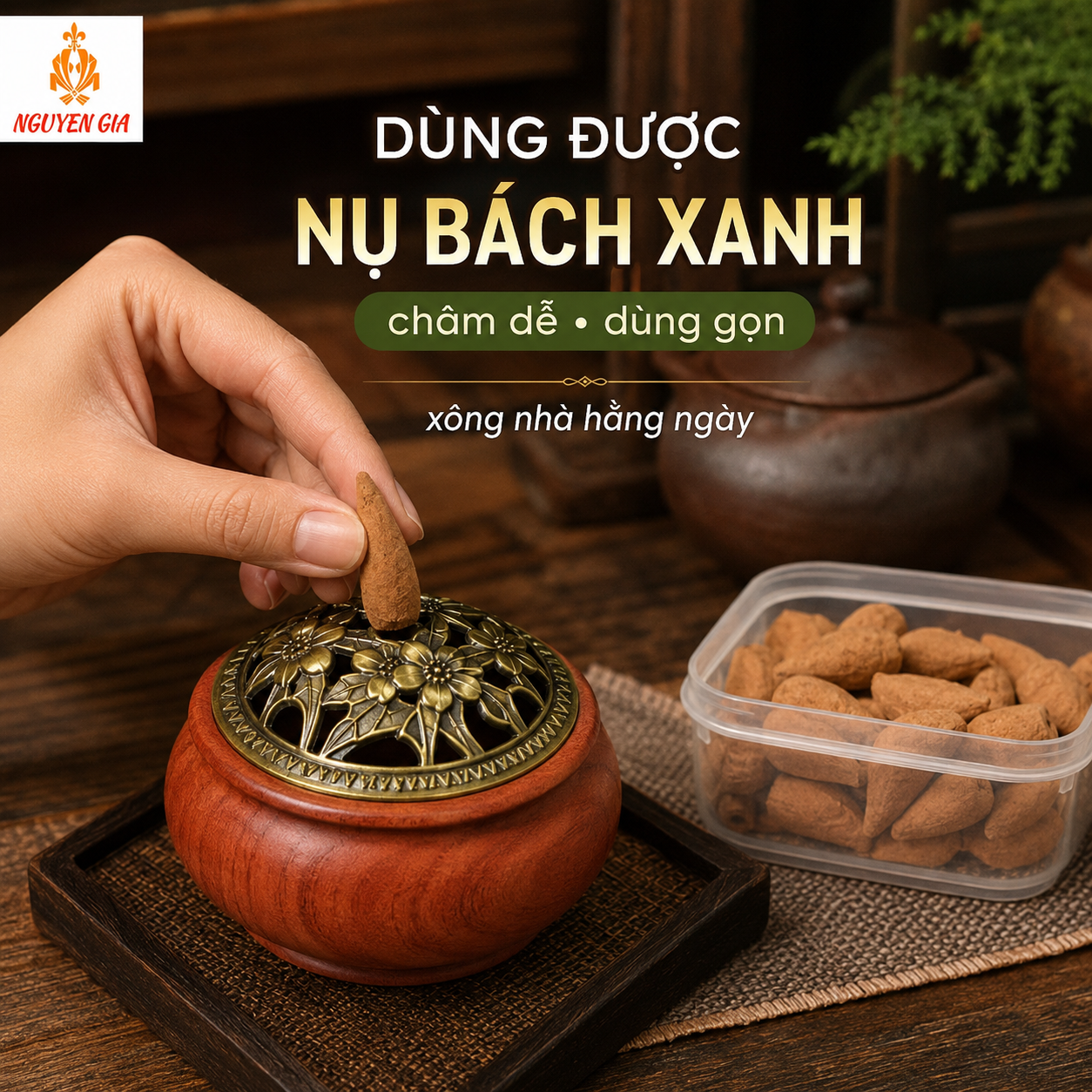 Lư Xông Trầm Gỗ Hương – Lư Đốt Trầm Mẫu Hoa Mai Kèm Cốc Nhôm