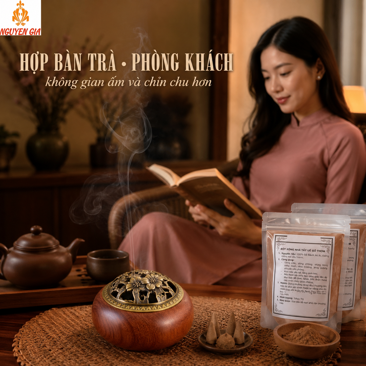 Lư Xông Trầm Gỗ Hương – Lư Đốt Trầm Mẫu Hoa Mai Kèm Cốc Nhôm