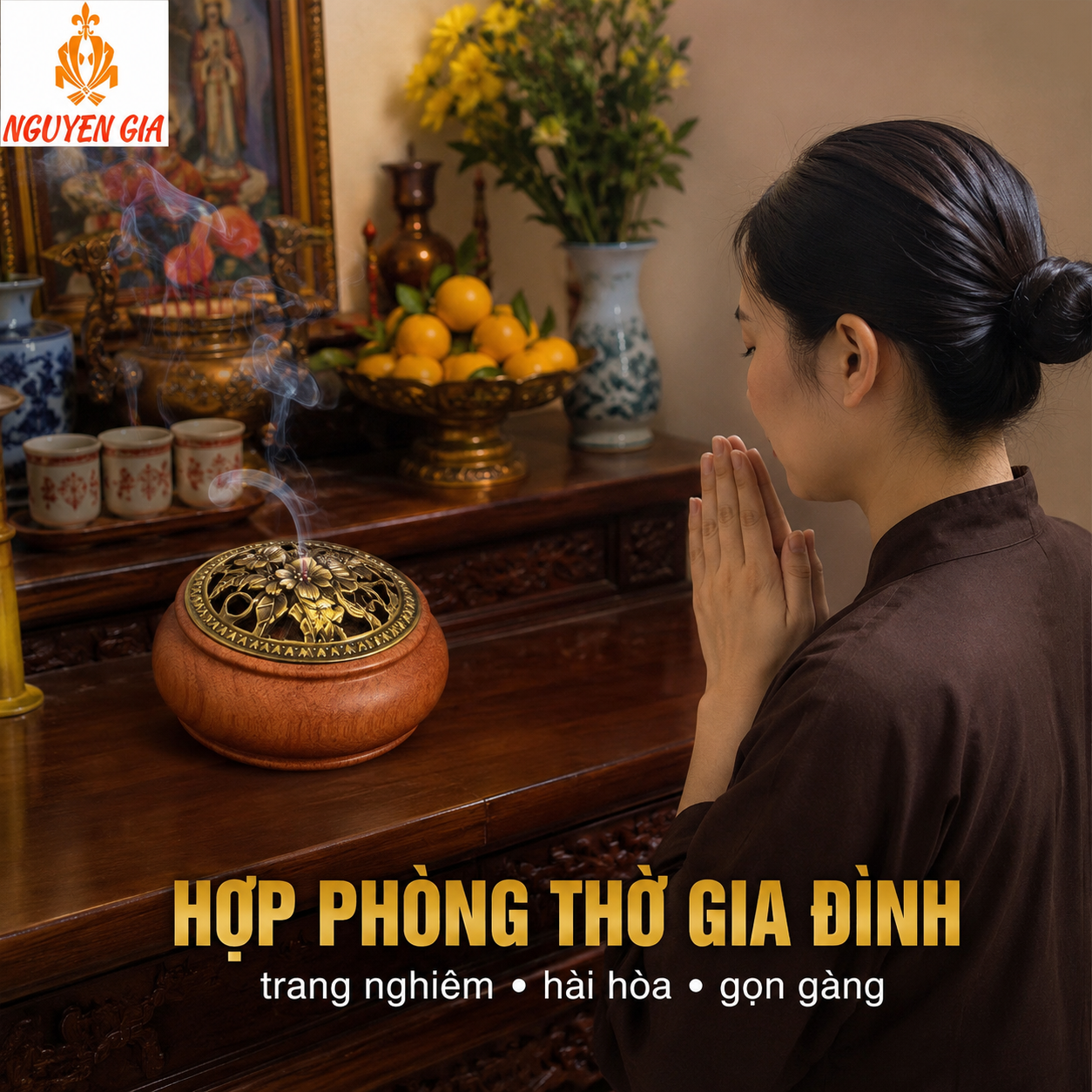 Lư Xông Trầm Gỗ Hương – Lư Đốt Trầm Mẫu Hoa Mai Kèm Cốc Nhôm