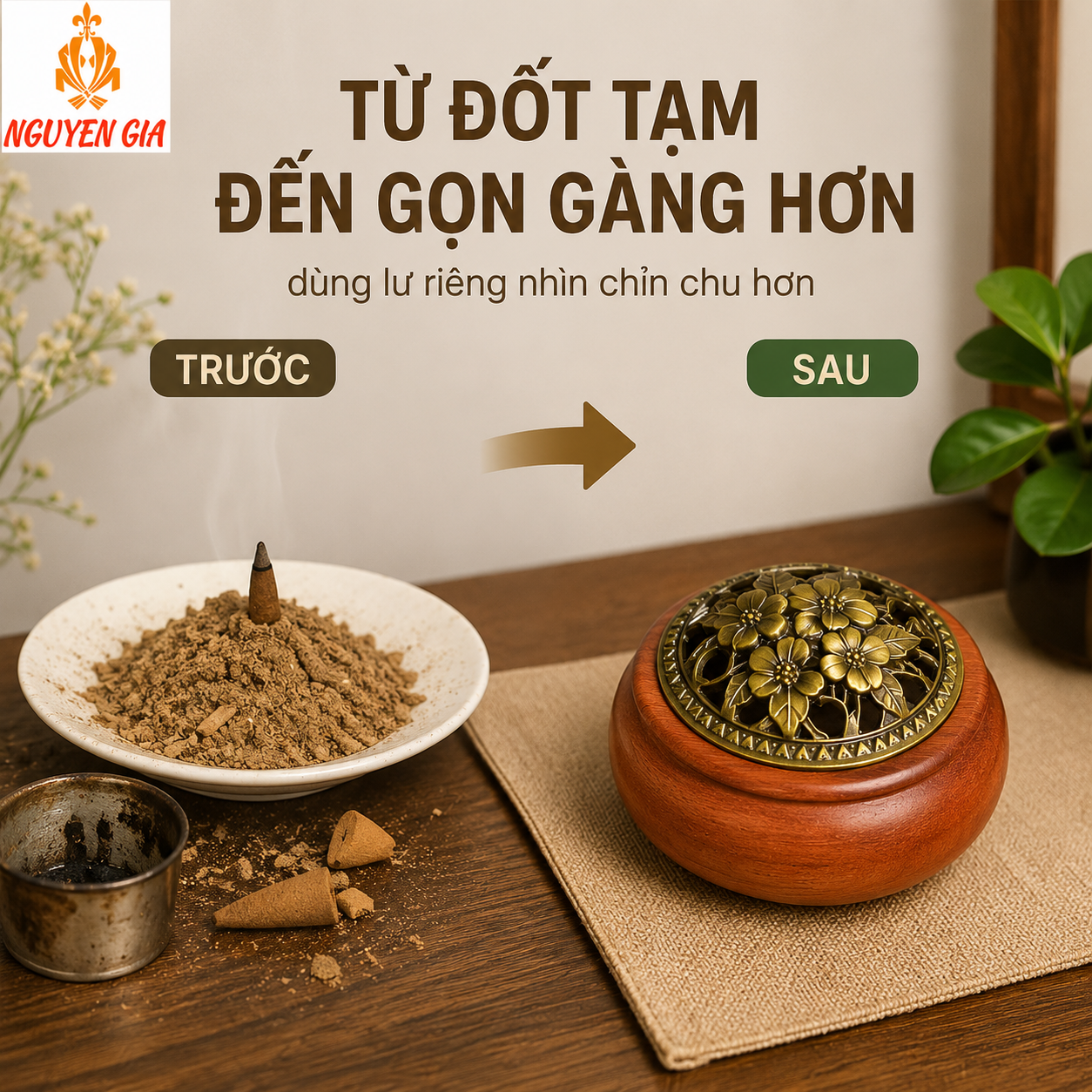Lư Xông Trầm Gỗ Hương – Lư Đốt Trầm Mẫu Hoa Mai Kèm Cốc Nhôm