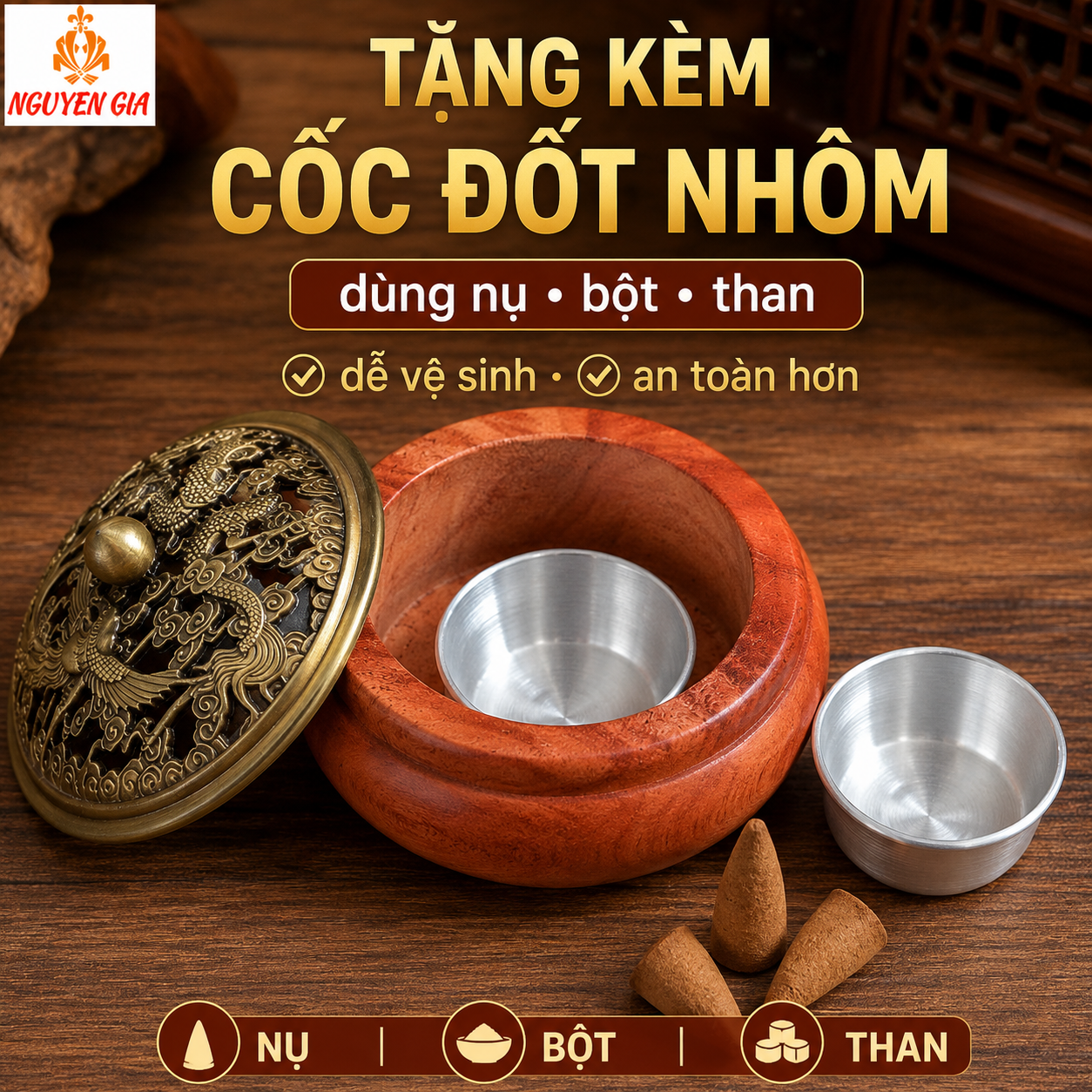 Lư Xông Trầm Gỗ Hương Mẫu Long Phụng – Trang Trọng Cho Phòng Thờ