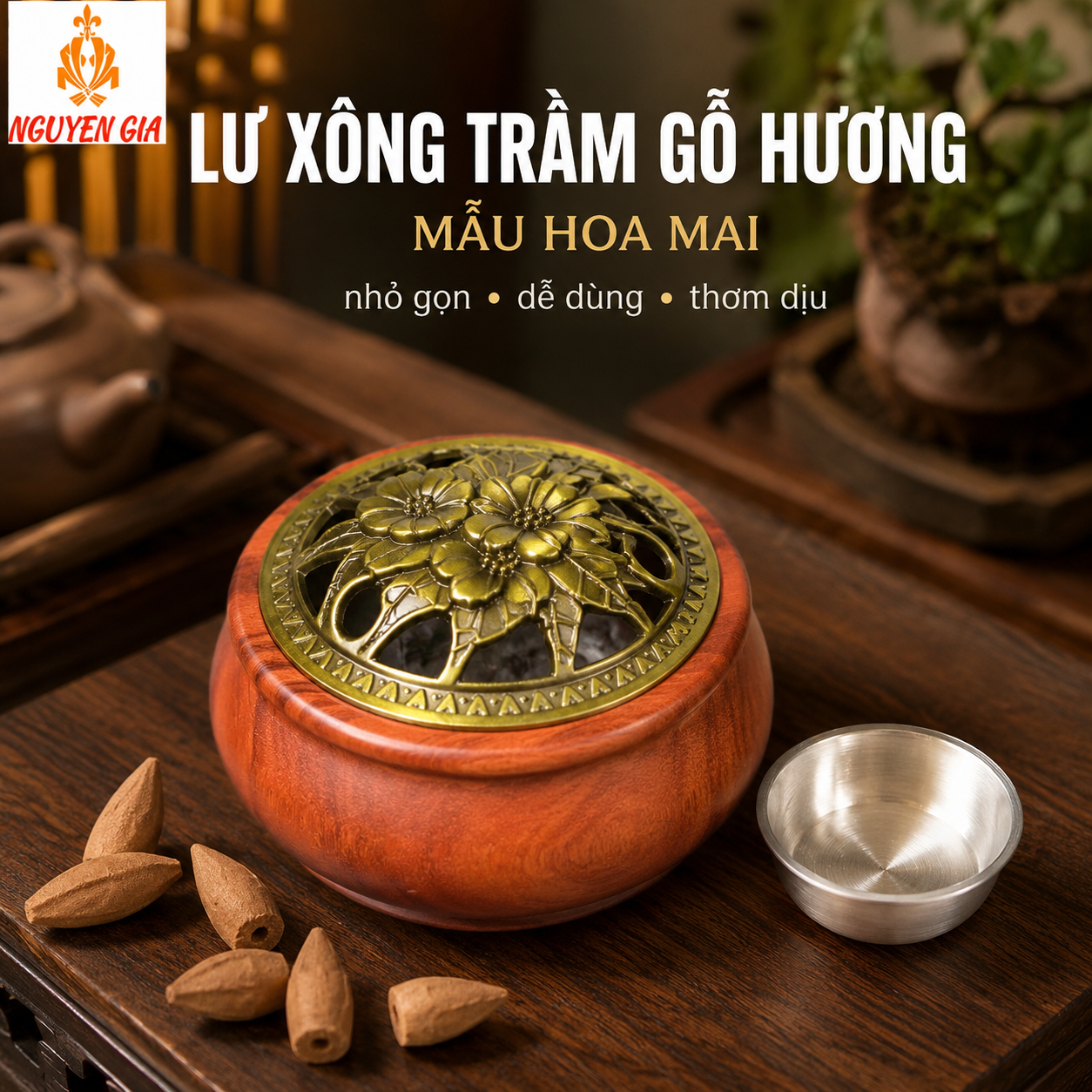 Lư Xông Trầm Gỗ Hương – Lư Đốt Trầm Mẫu Hoa Mai Kèm Cốc Nhôm