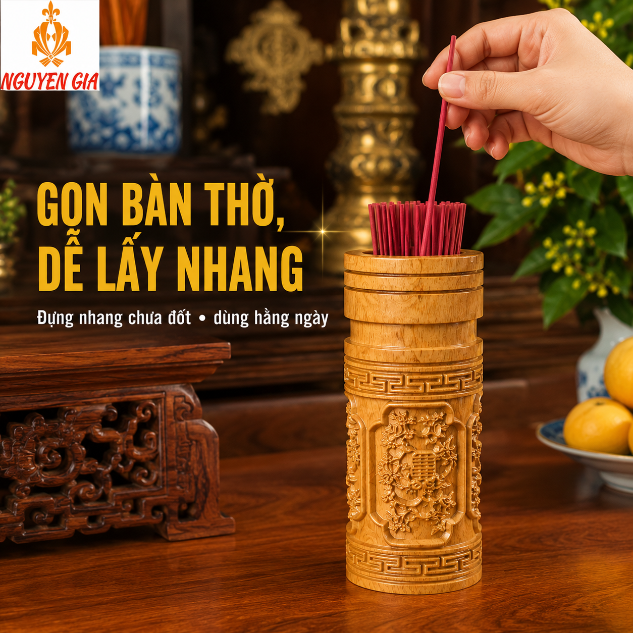 Ống Đựng Nhang Bằng Gỗ Bách Vàng – Chạm Tứ Quý, Thơm Dịu