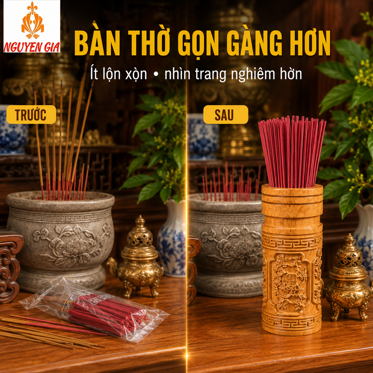 Ống Đựng Nhang Bằng Gỗ Bách Vàng – Chạm Tứ Quý, Thơm Dịu