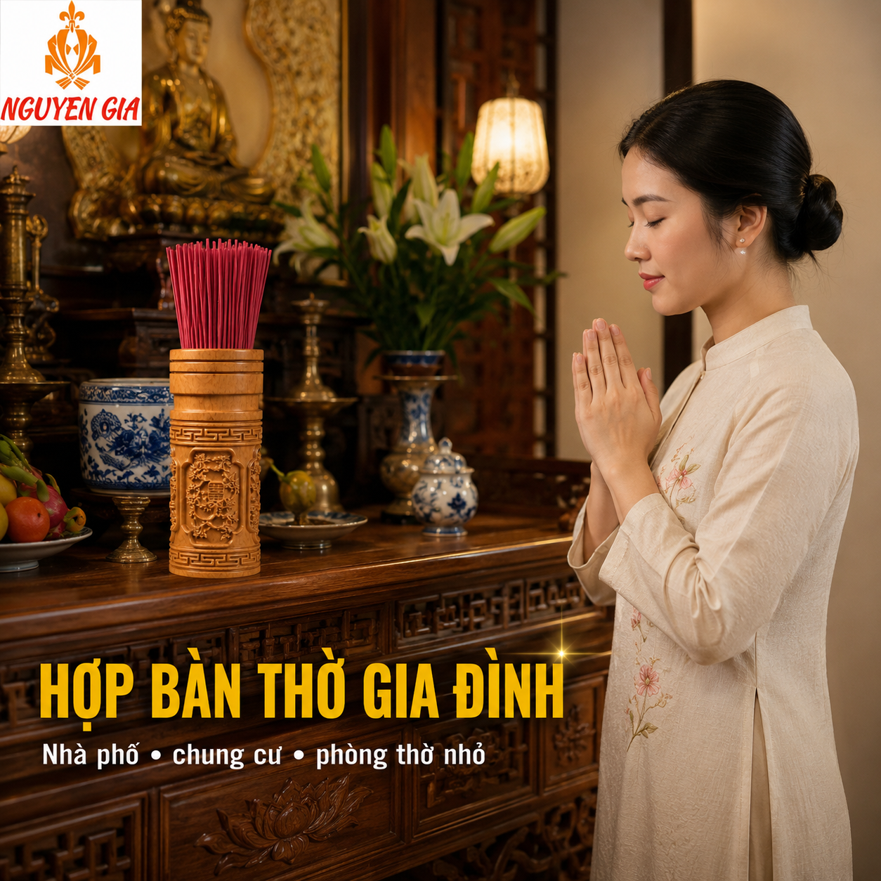 Ống Đựng Nhang Bằng Gỗ Bách Vàng – Chạm Tứ Quý, Thơm Dịu