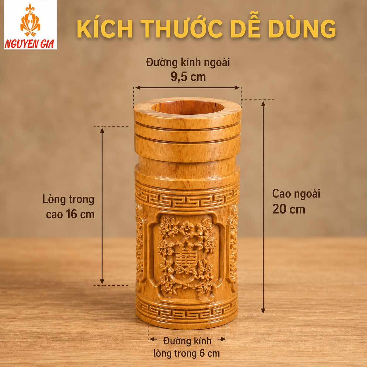 Ống Đựng Nhang Bằng Gỗ Bách Vàng – Chạm Tứ Quý, Thơm Dịu