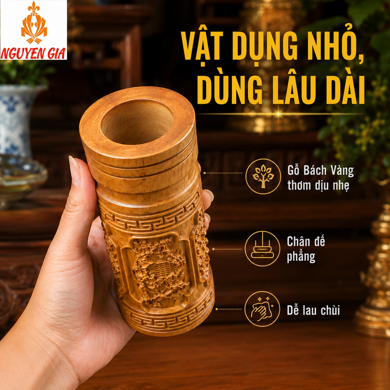 Ống Đựng Nhang Bằng Gỗ Bách Vàng – Chạm Tứ Quý, Thơm Dịu