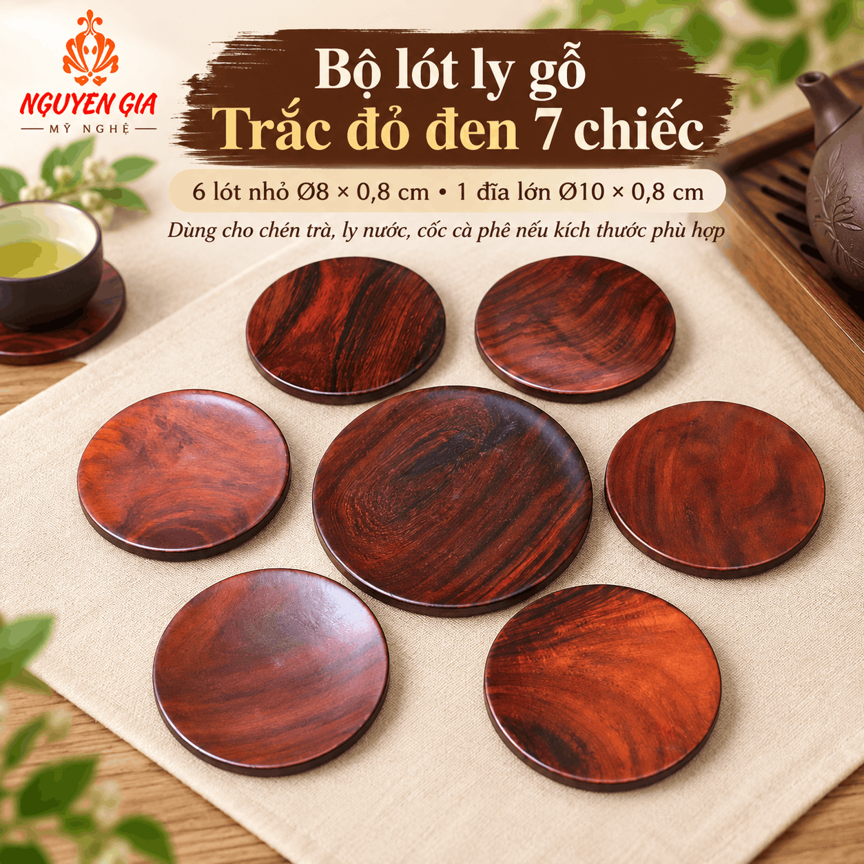 Bộ lót ly gỗ Trắc đỏ đen 7 chiếc