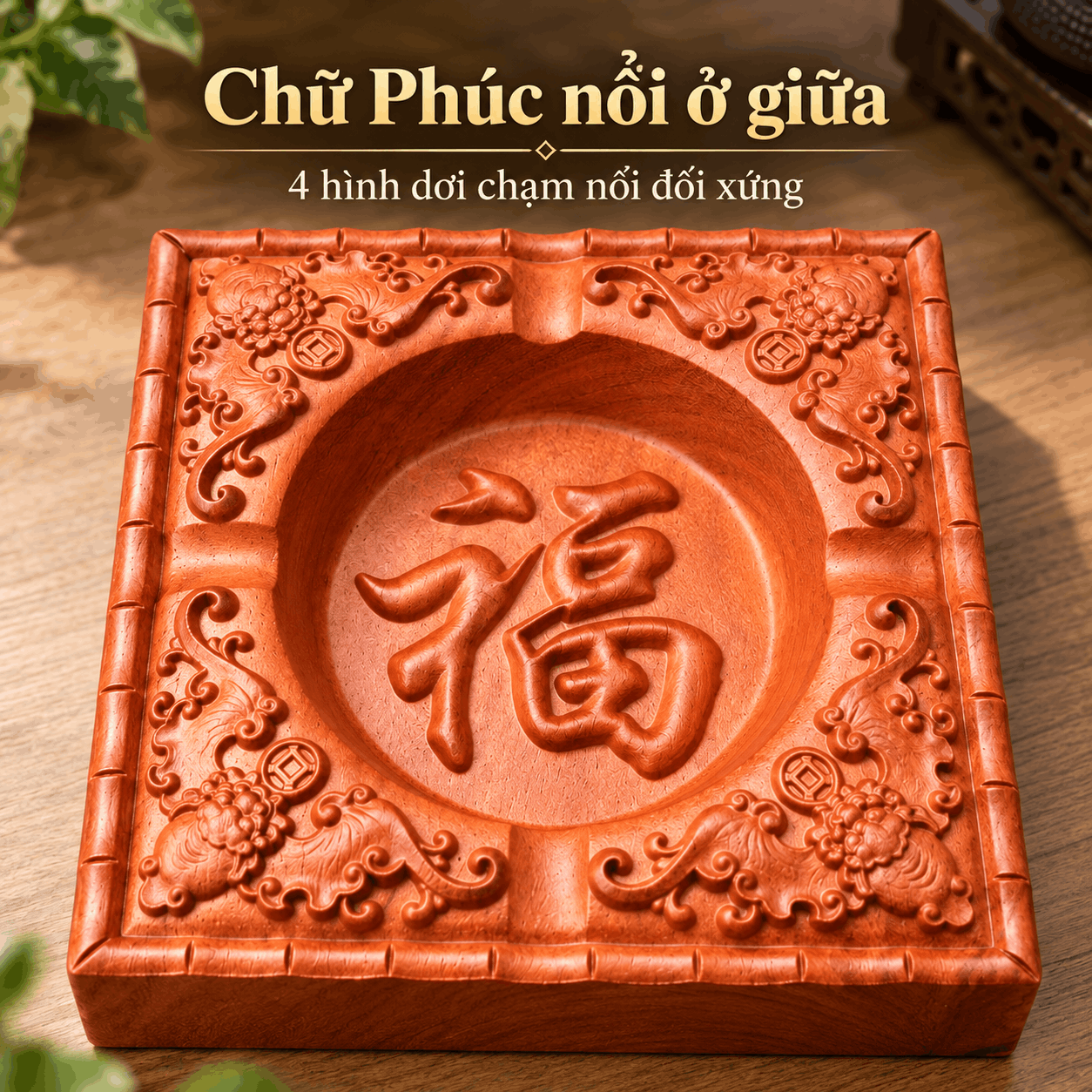 Gạt tàn thuốc gỗ Gõ Đỏ chữ Phúc 11,5cm