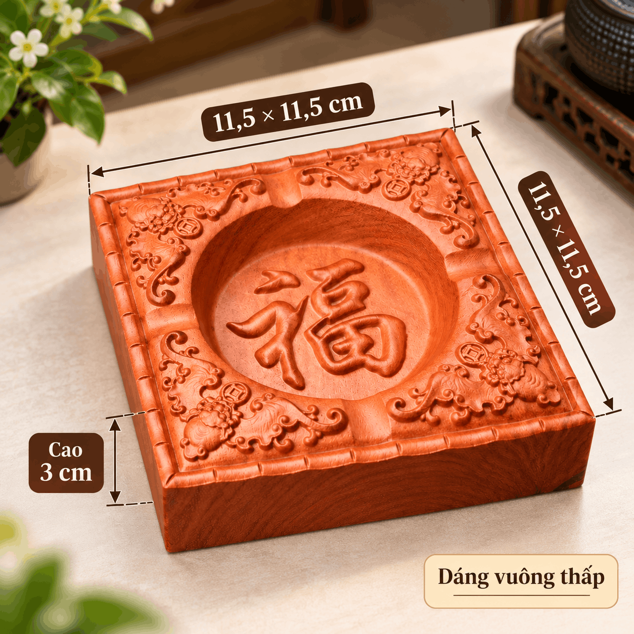 Gạt tàn thuốc gỗ Gõ Đỏ chữ Phúc 11,5cm