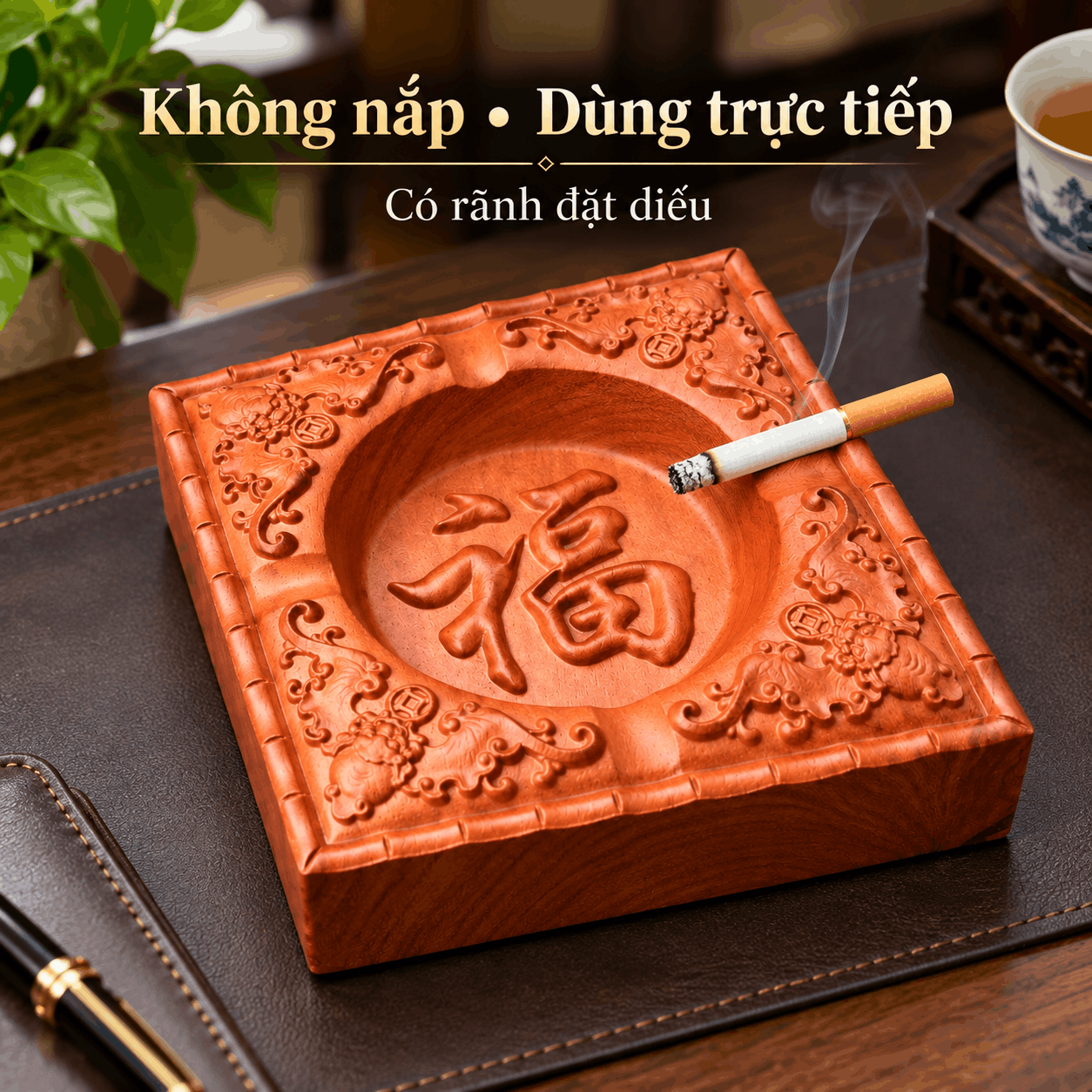 Gạt tàn thuốc gỗ Gõ Đỏ chữ Phúc 11,5cm