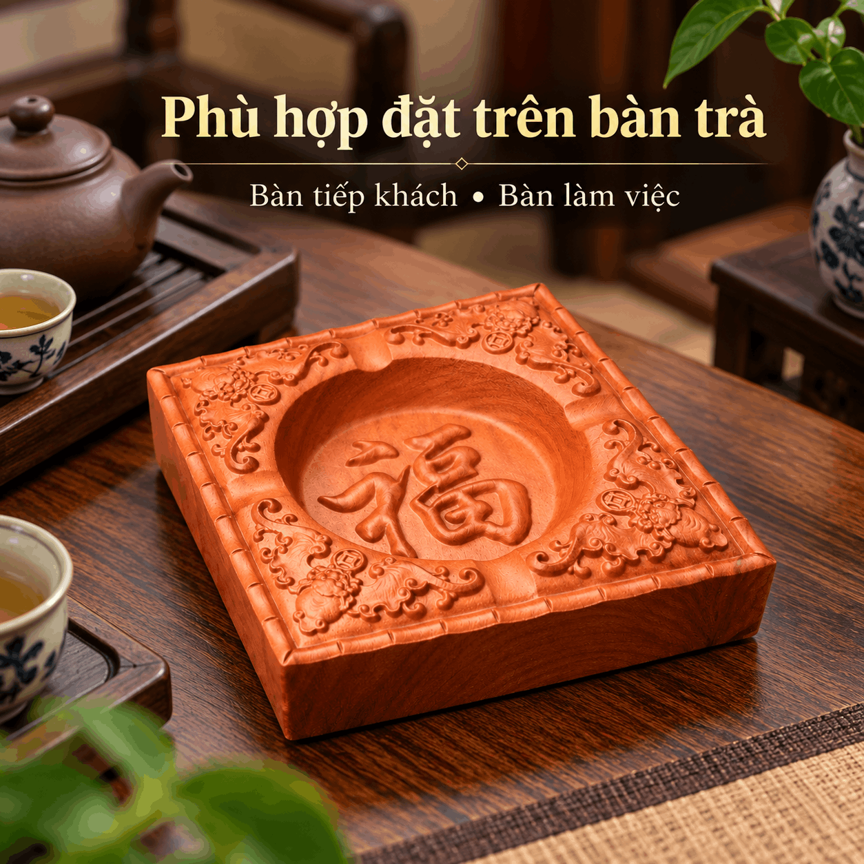 Gạt tàn thuốc gỗ Gõ Đỏ chữ Phúc 11,5cm