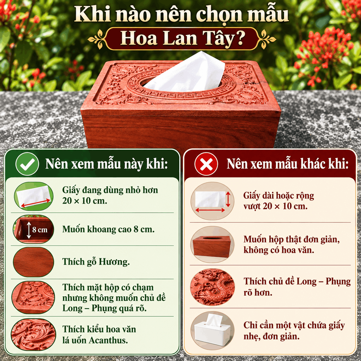 Hộp đựng giấy ăn bằng gỗ Hương Hoa Lan Tây