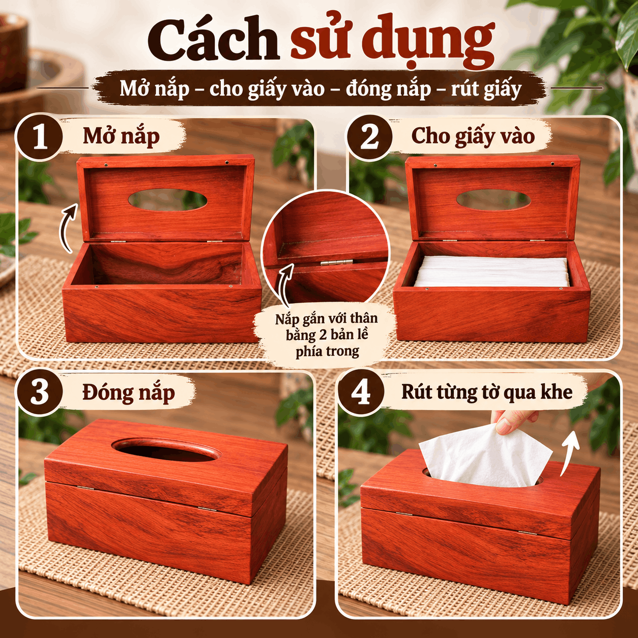 Hộp đựng giấy ăn bằng gỗ Hương mẫu trơn