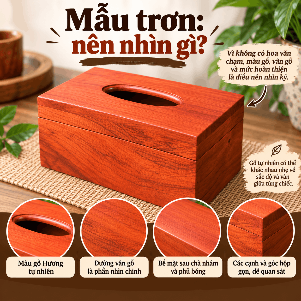 Hộp đựng giấy ăn bằng gỗ Hương mẫu trơn