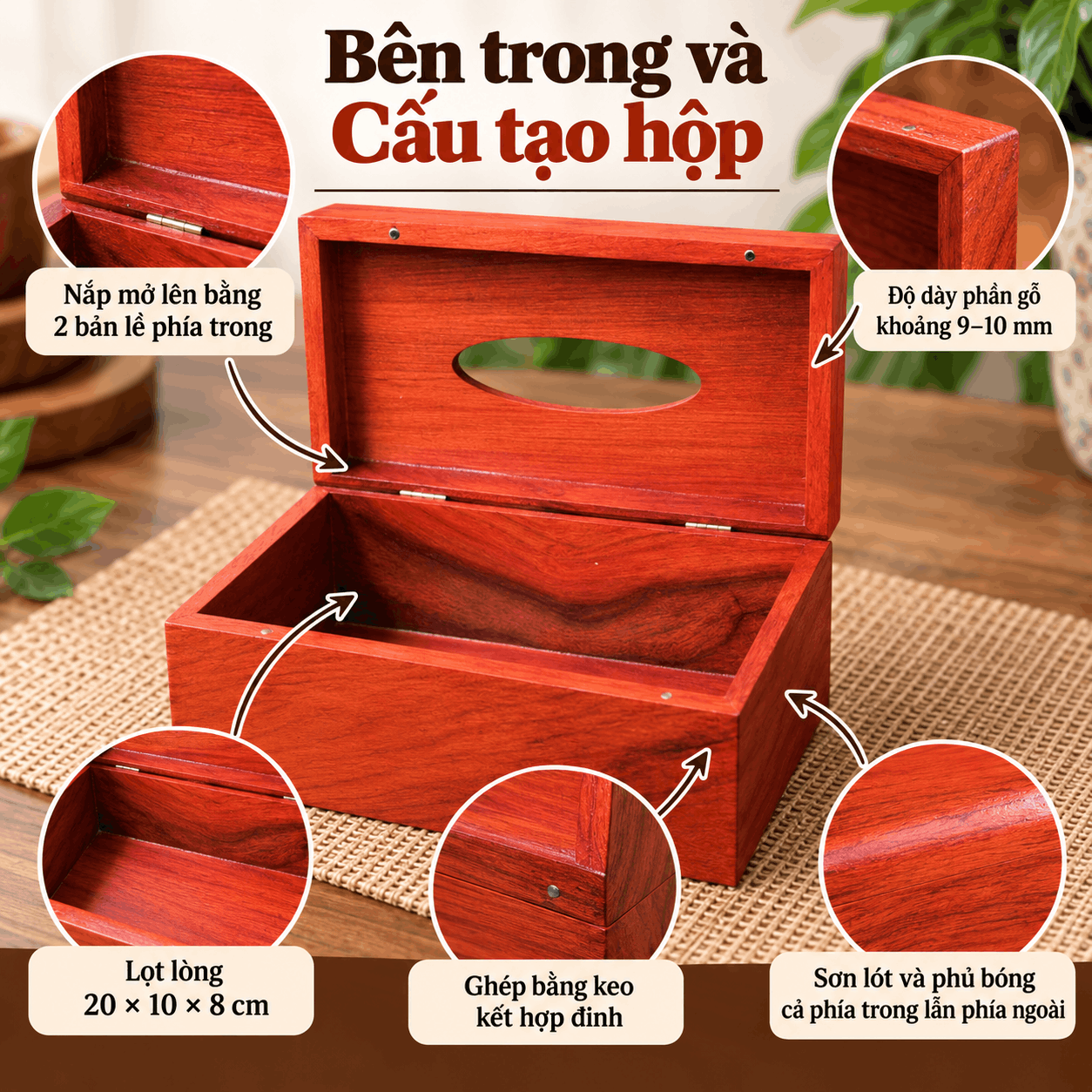Hộp đựng giấy ăn bằng gỗ Hương mẫu trơn