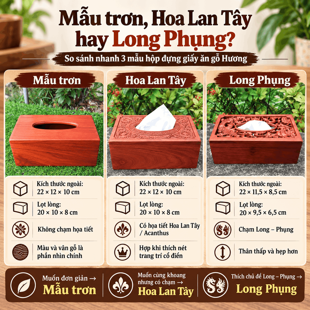 Hộp đựng giấy ăn bằng gỗ Hương mẫu trơn