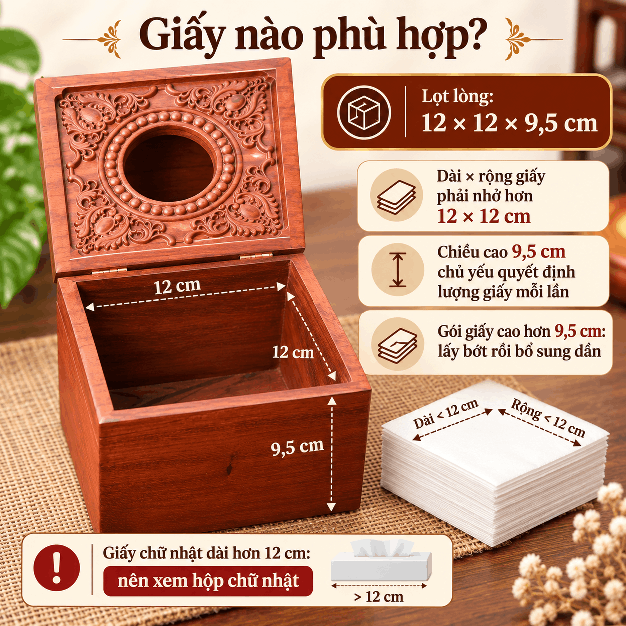 Hộp đựng giấy ăn vuông gỗ Hương Hoa Lan Tây