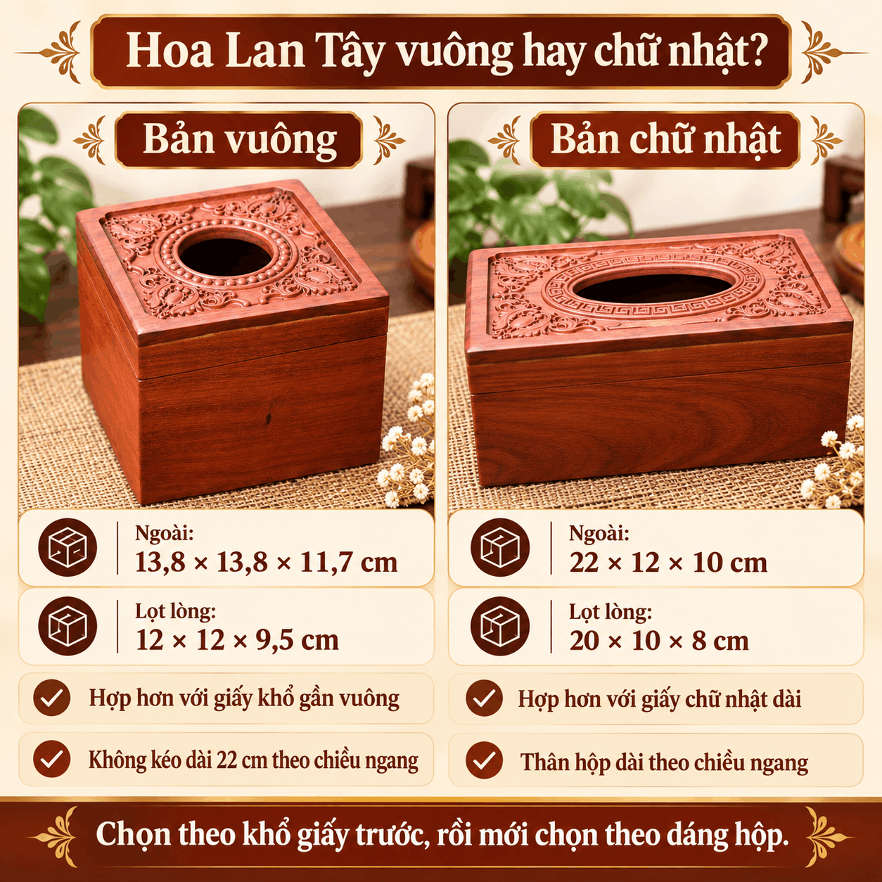 Hộp đựng giấy ăn vuông gỗ Hương Hoa Lan Tây