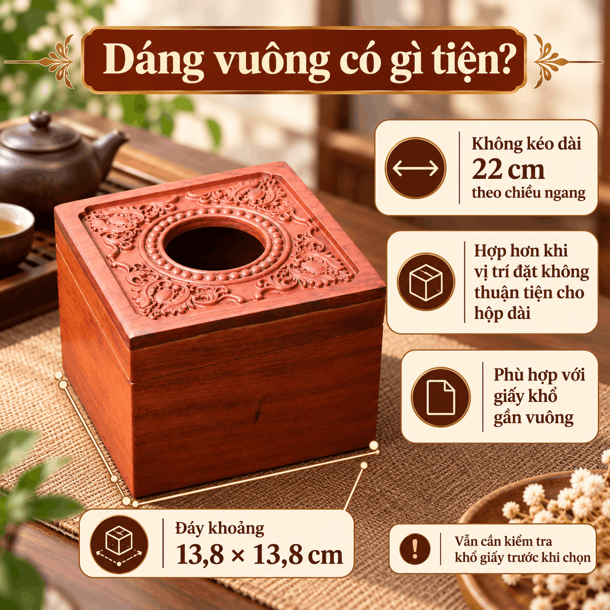 Hộp đựng giấy ăn vuông gỗ Hương Hoa Lan Tây