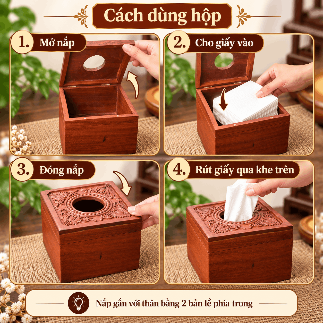 Hộp đựng giấy ăn vuông gỗ Hương Hoa Lan Tây