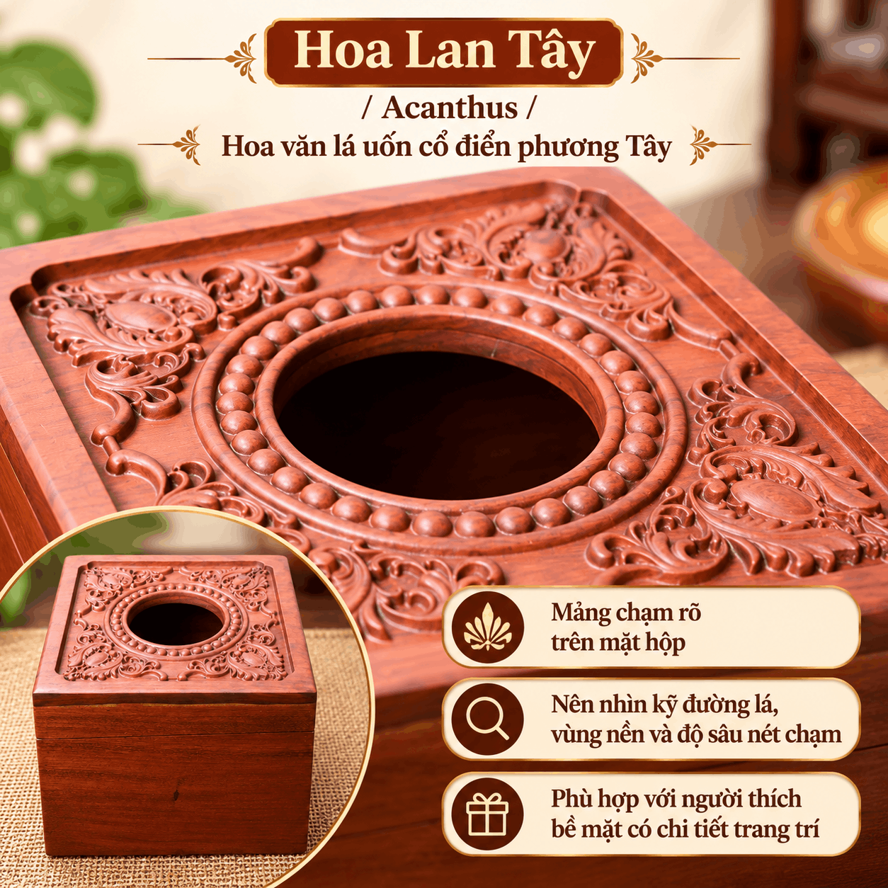 Hộp đựng giấy ăn vuông gỗ Hương Hoa Lan Tây