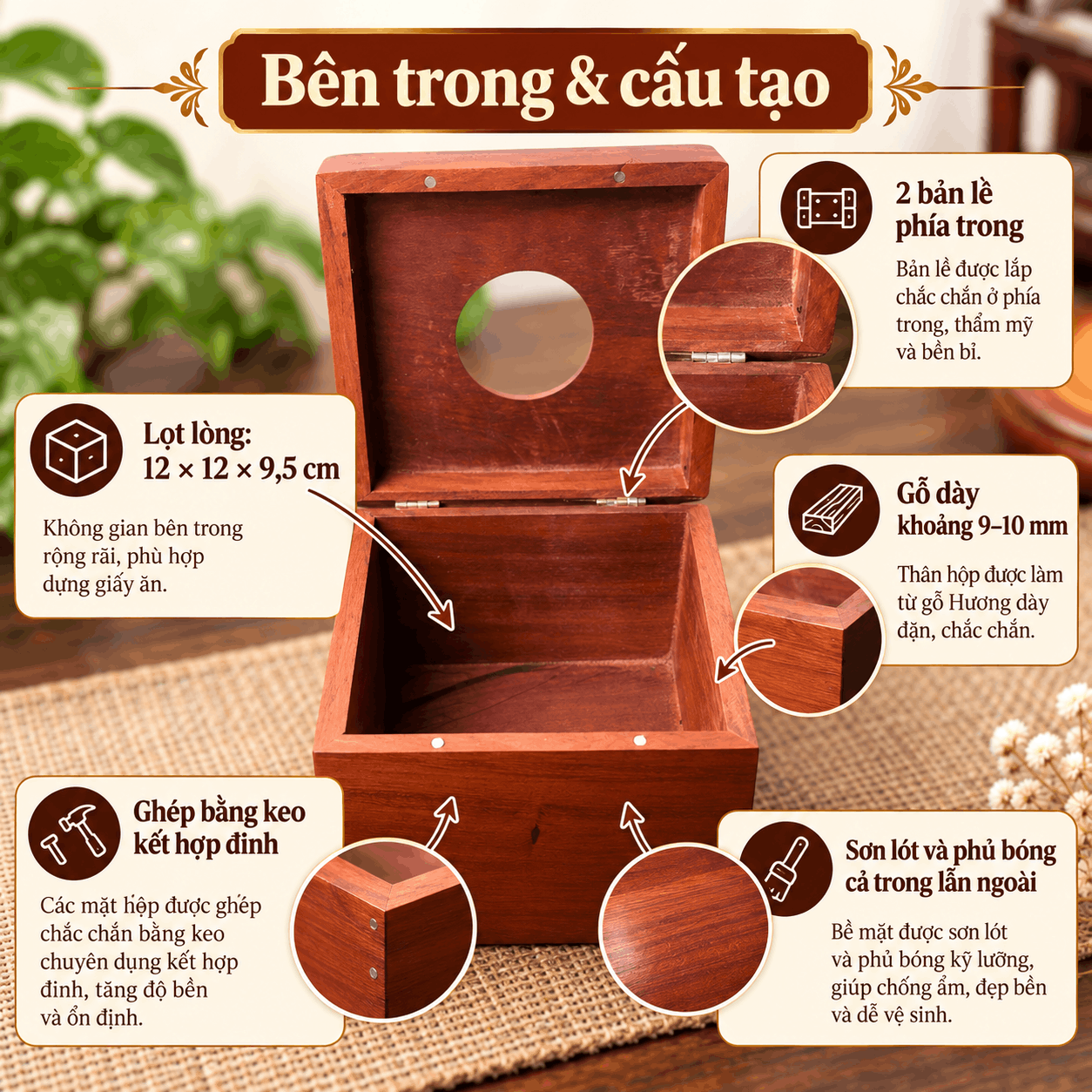 Hộp đựng giấy ăn vuông gỗ Hương Hoa Lan Tây