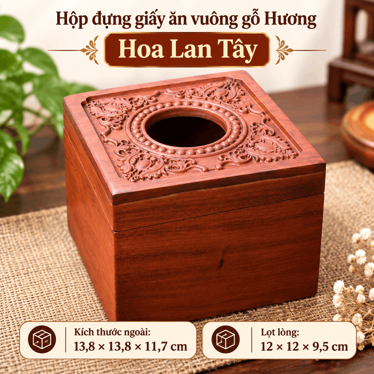 Hộp đựng giấy ăn vuông gỗ Hương Hoa Lan Tây