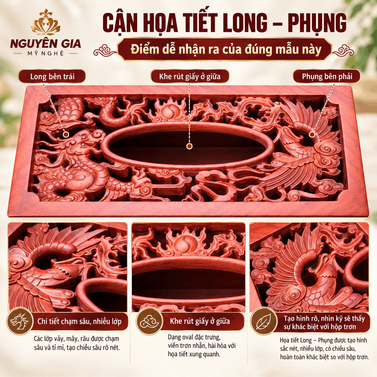 Hộp đựng khăn giấy bằng gỗ Hương Long Phụng Sum Vầy