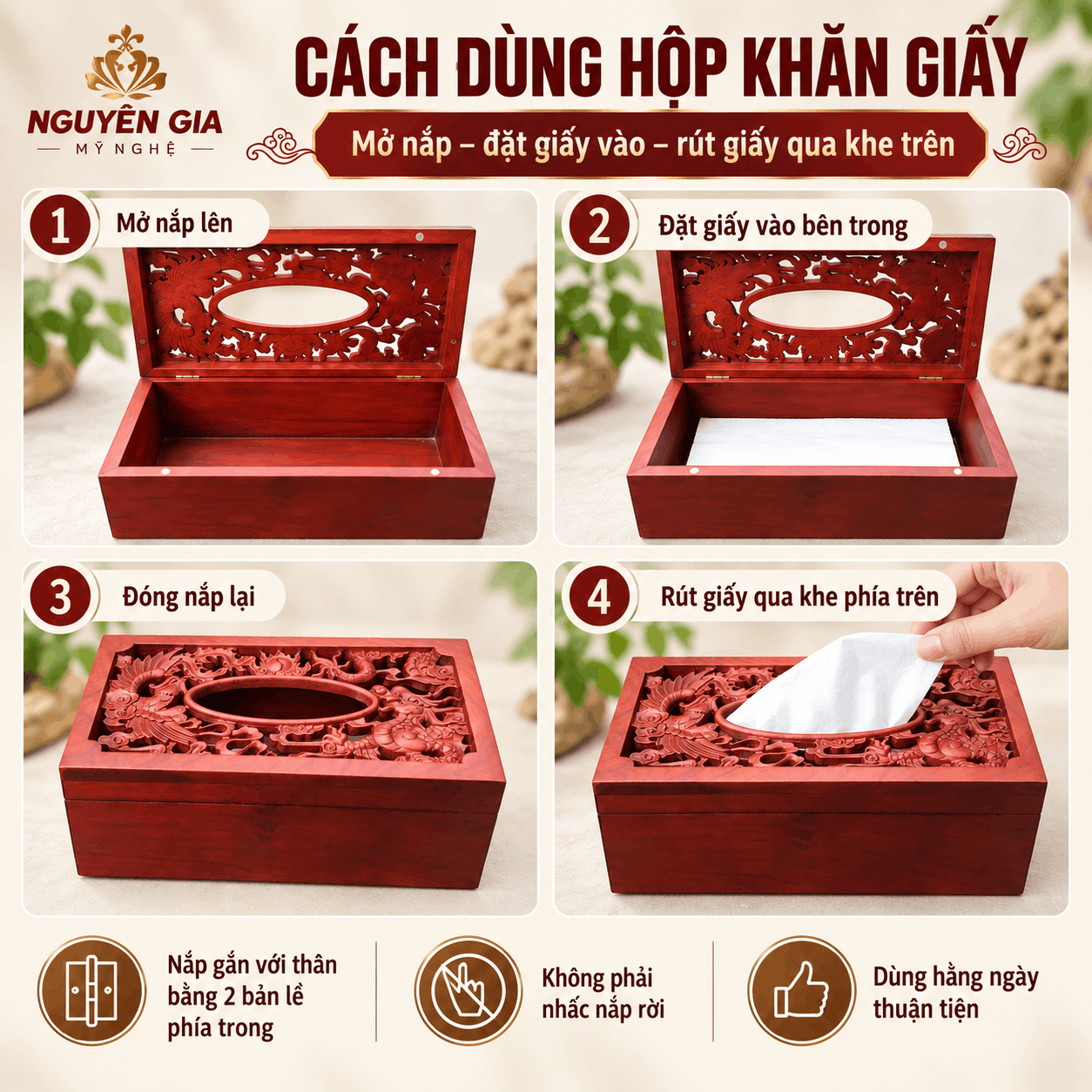 Hộp đựng khăn giấy bằng gỗ Hương Long Phụng Sum Vầy