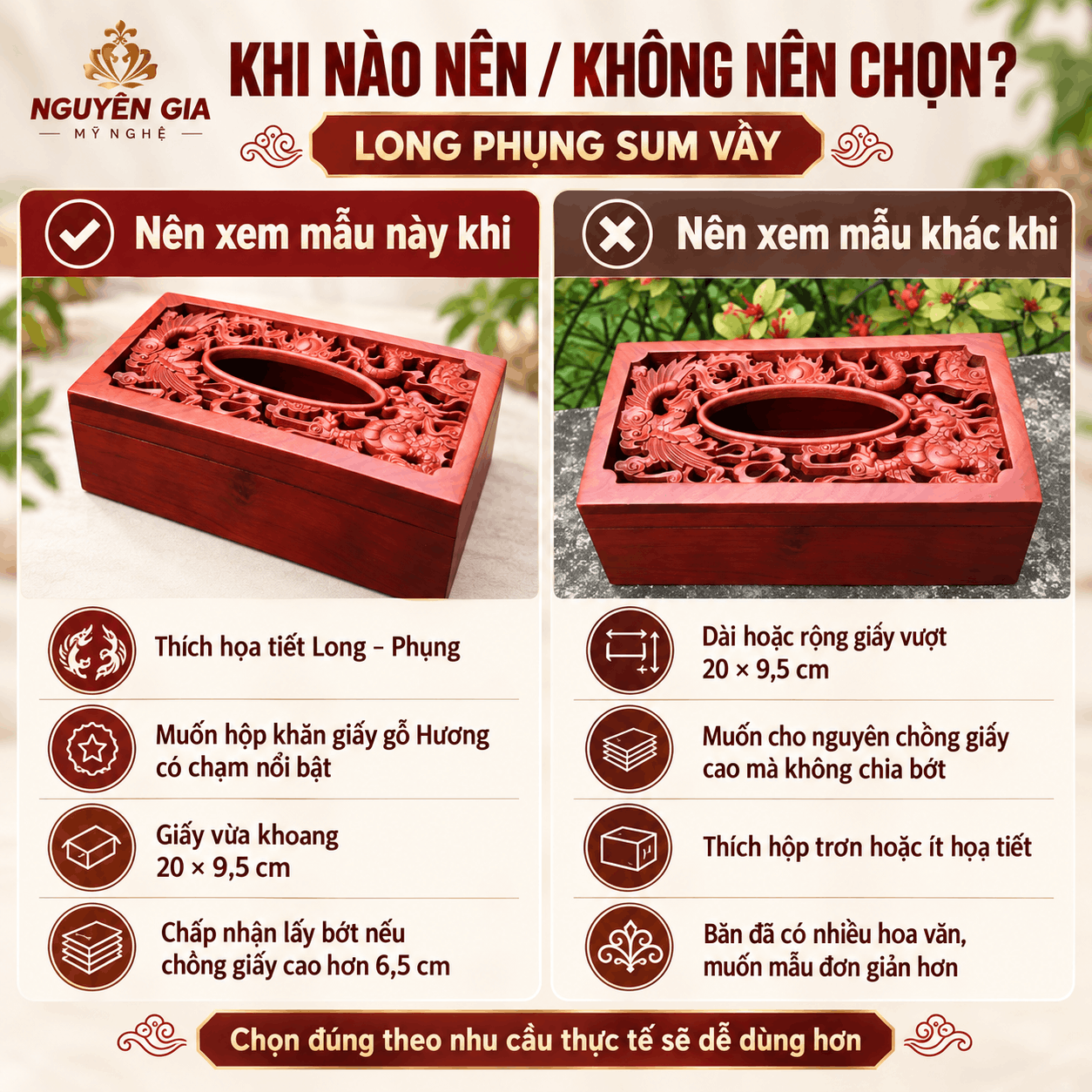 Hộp đựng khăn giấy bằng gỗ Hương Long Phụng Sum Vầy