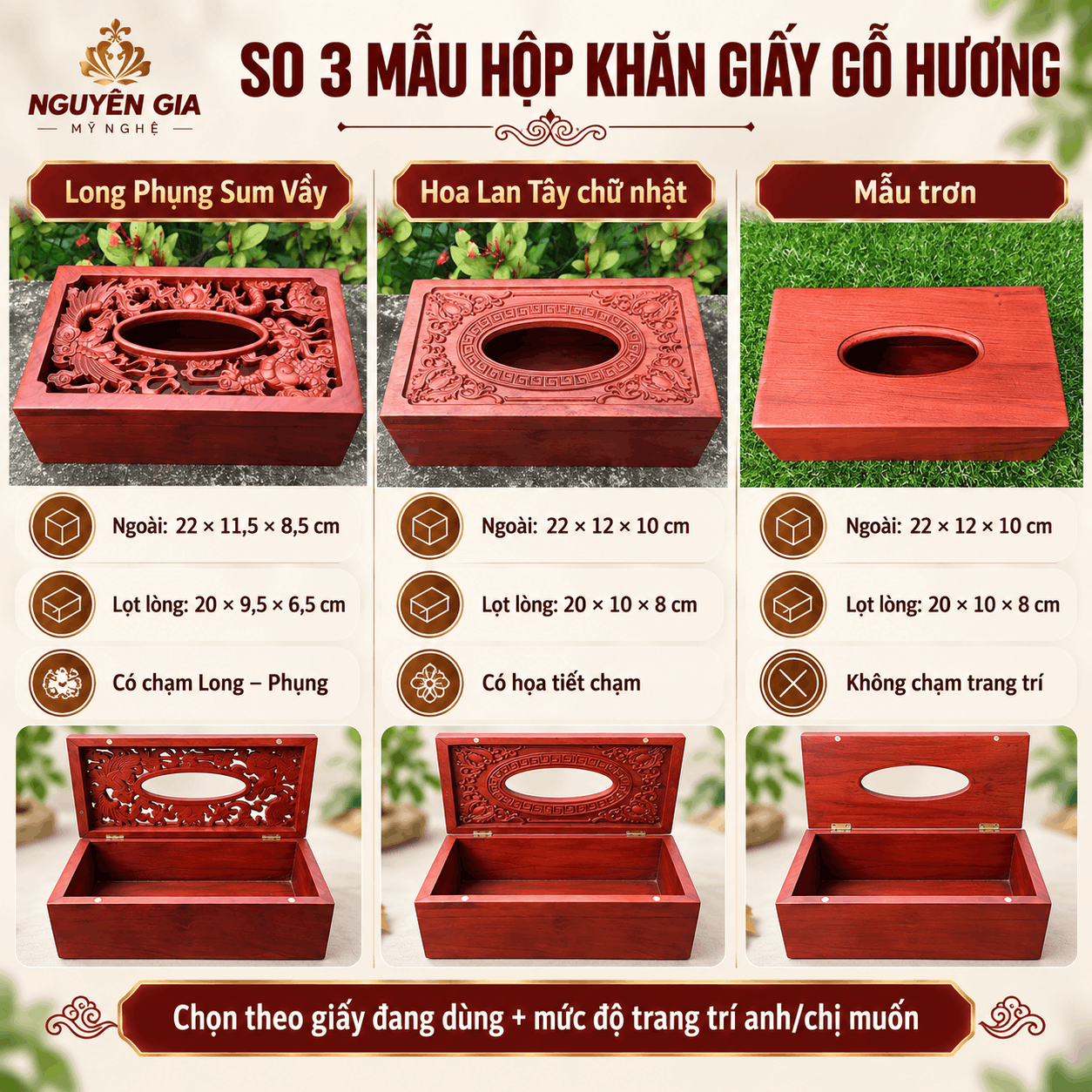Hộp đựng khăn giấy bằng gỗ Hương Long Phụng Sum Vầy
