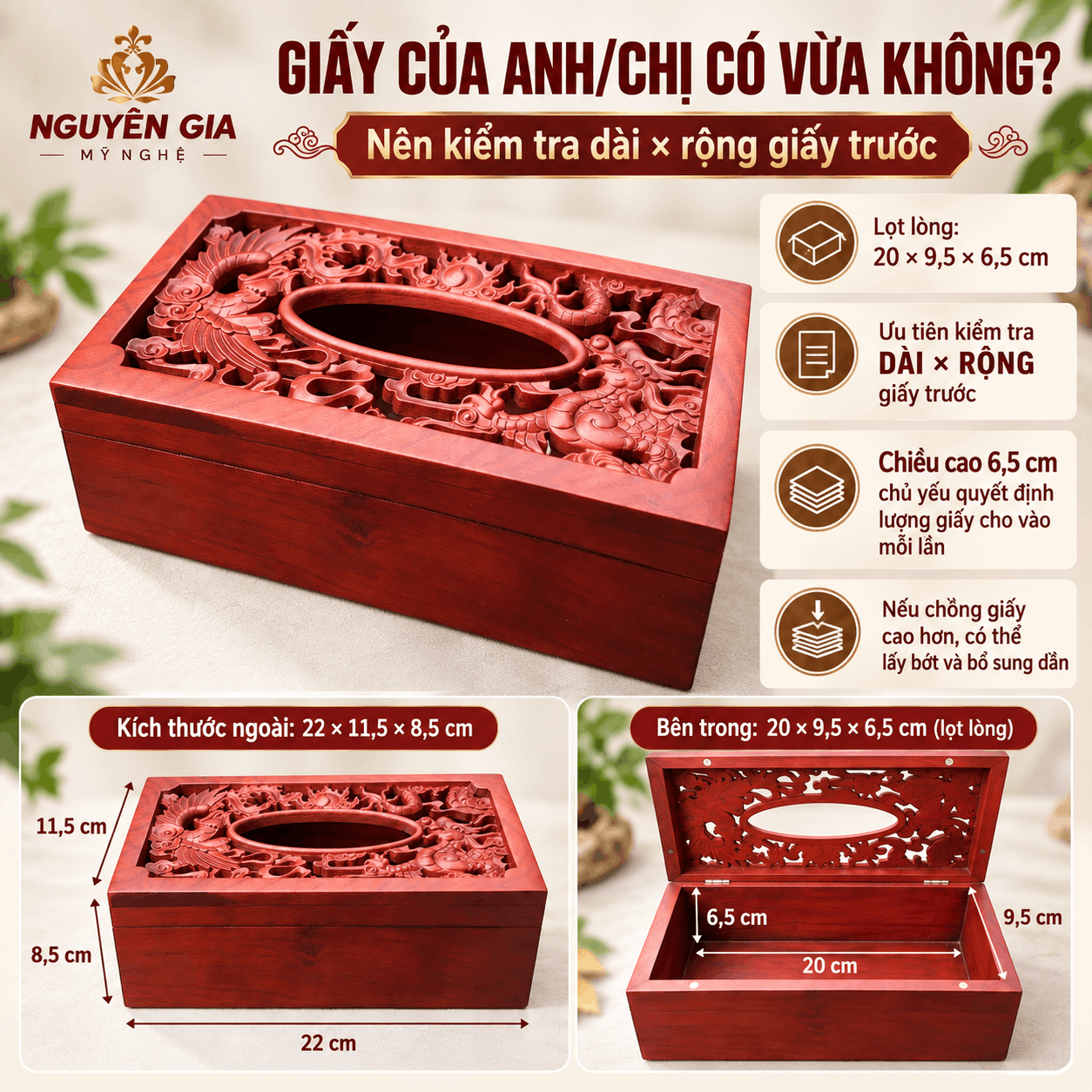 Hộp đựng khăn giấy bằng gỗ Hương Long Phụng Sum Vầy