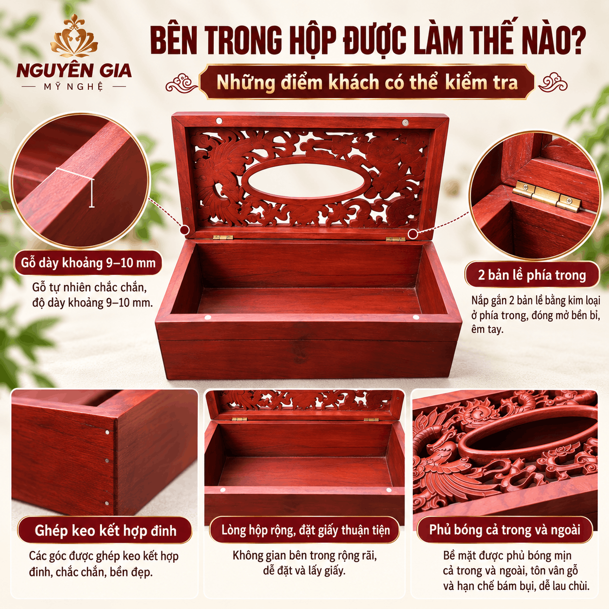 Hộp đựng khăn giấy bằng gỗ Hương Long Phụng Sum Vầy