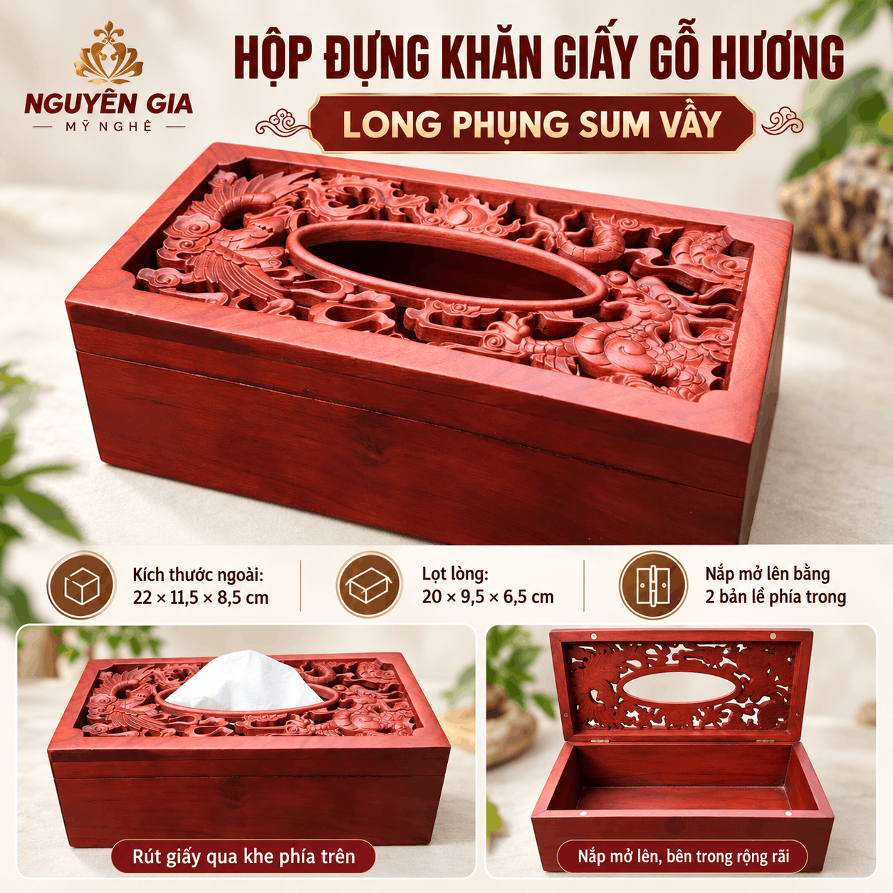 Hộp đựng khăn giấy bằng gỗ Hương Long Phụng Sum Vầy