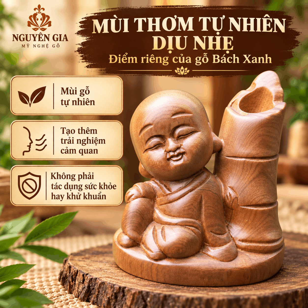 Hộp đựng tăm mẫu chú tiểu bằng gỗ Bách Xanh