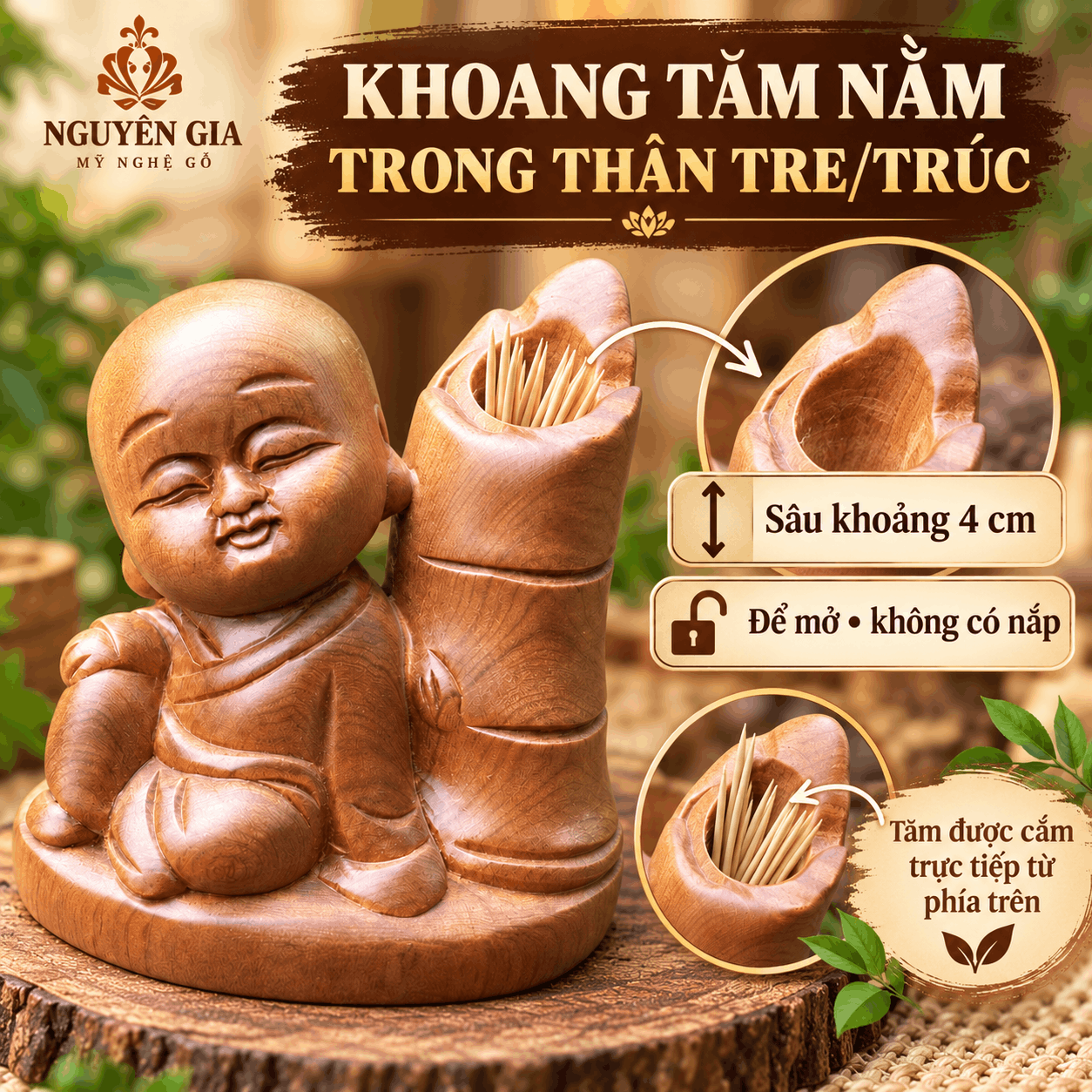 Hộp đựng tăm mẫu chú tiểu bằng gỗ Bách Xanh