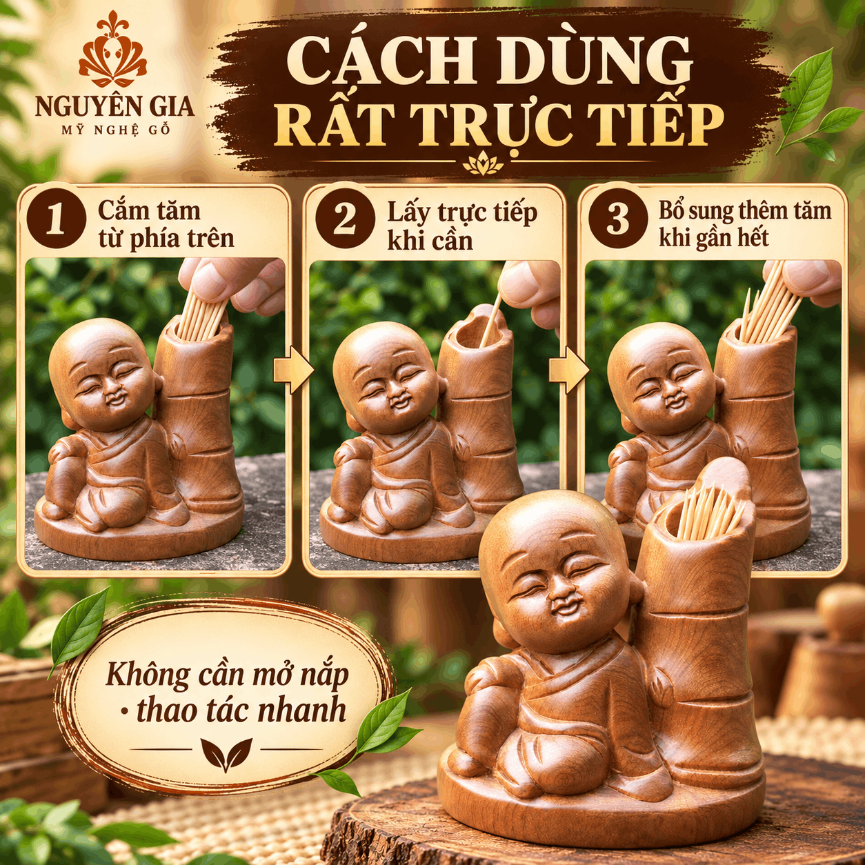 Hộp đựng tăm mẫu chú tiểu bằng gỗ Bách Xanh