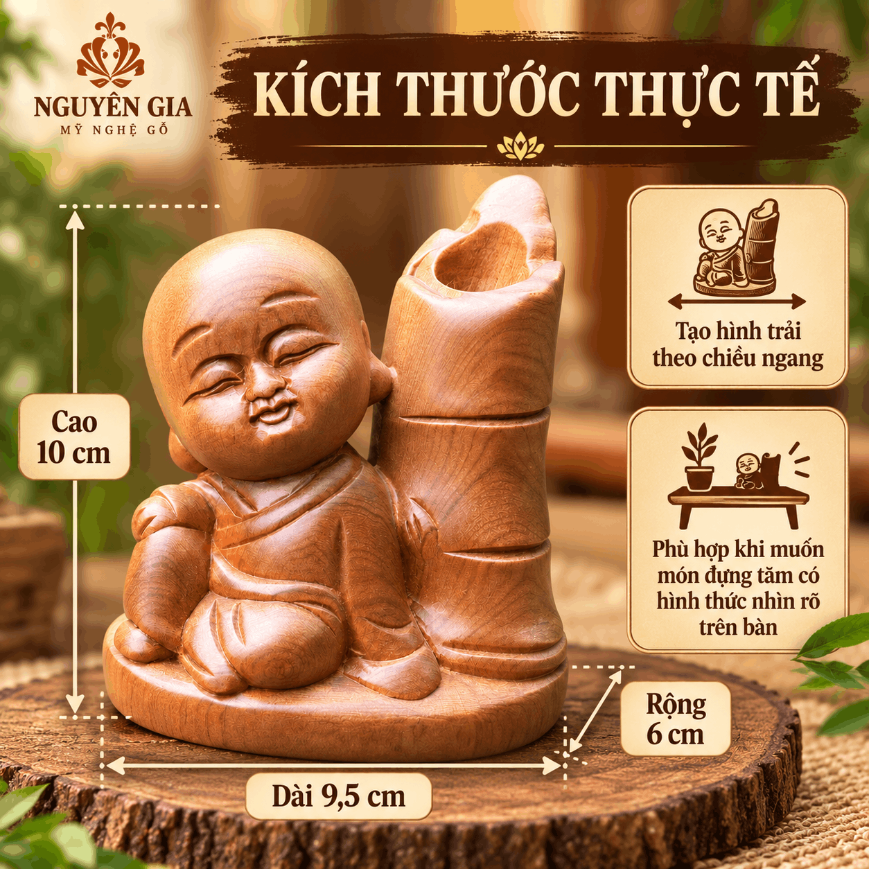 Hộp đựng tăm mẫu chú tiểu bằng gỗ Bách Xanh