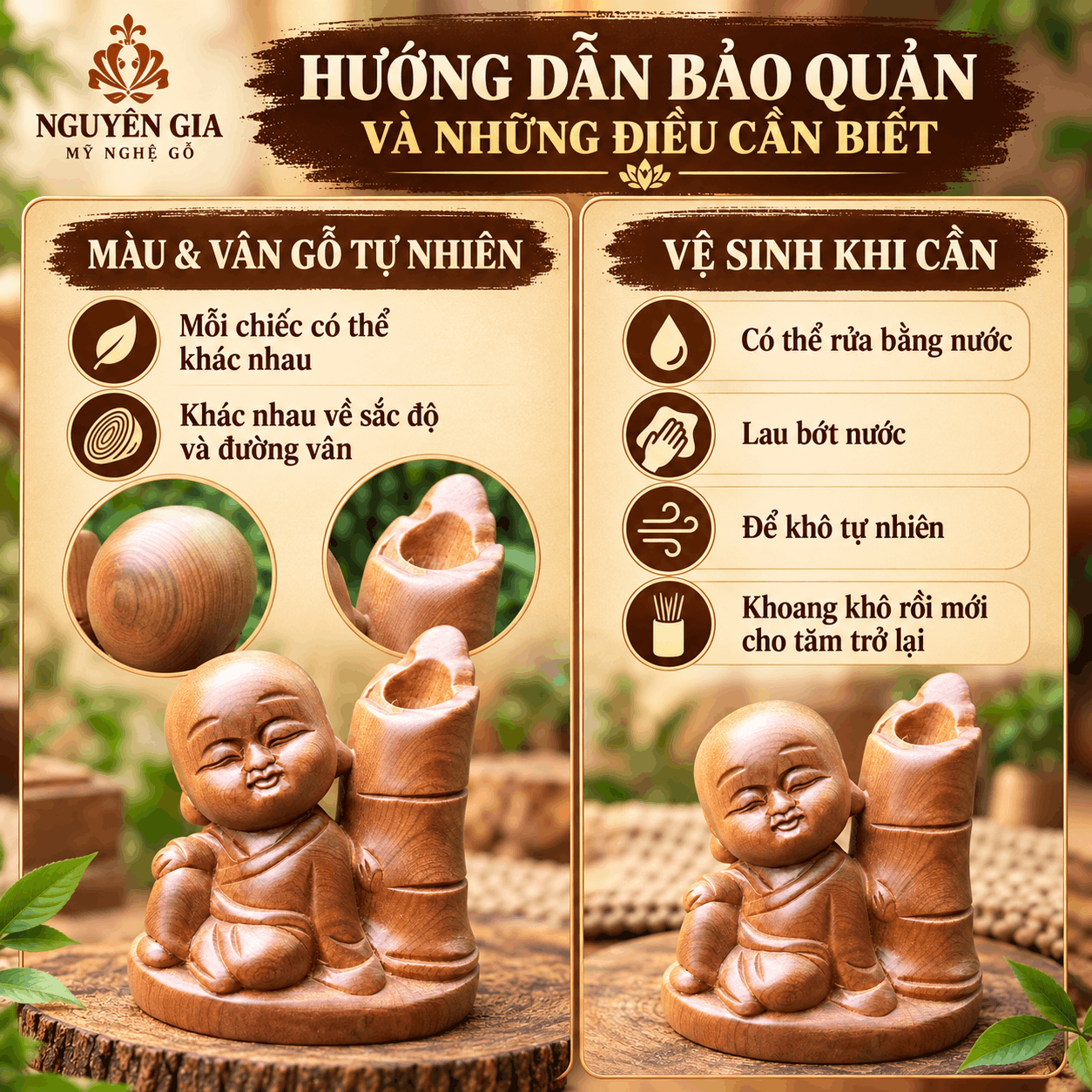Hộp đựng tăm mẫu chú tiểu bằng gỗ Bách Xanh